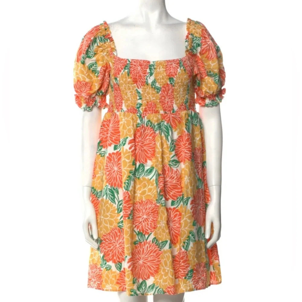 HOUSE OF HARLOW 1960 LINEN FLORAL SUNDRESS SIZE MEDIUM YELLOW ORANGE MINI poplin - Picture 5 of 6